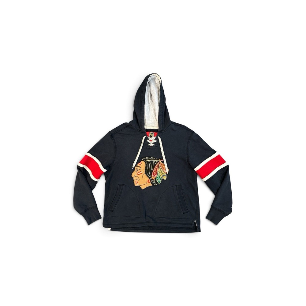 CCM Hoodie Adult Black Size M Chicago Blackhawks Lace Up Retro Logo Embroidered